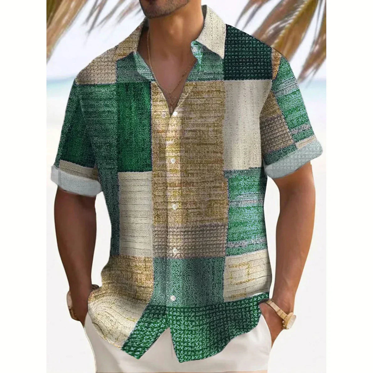 Joshua | Men's Color Block Patchwork Short Sleeve Button Up Shirt